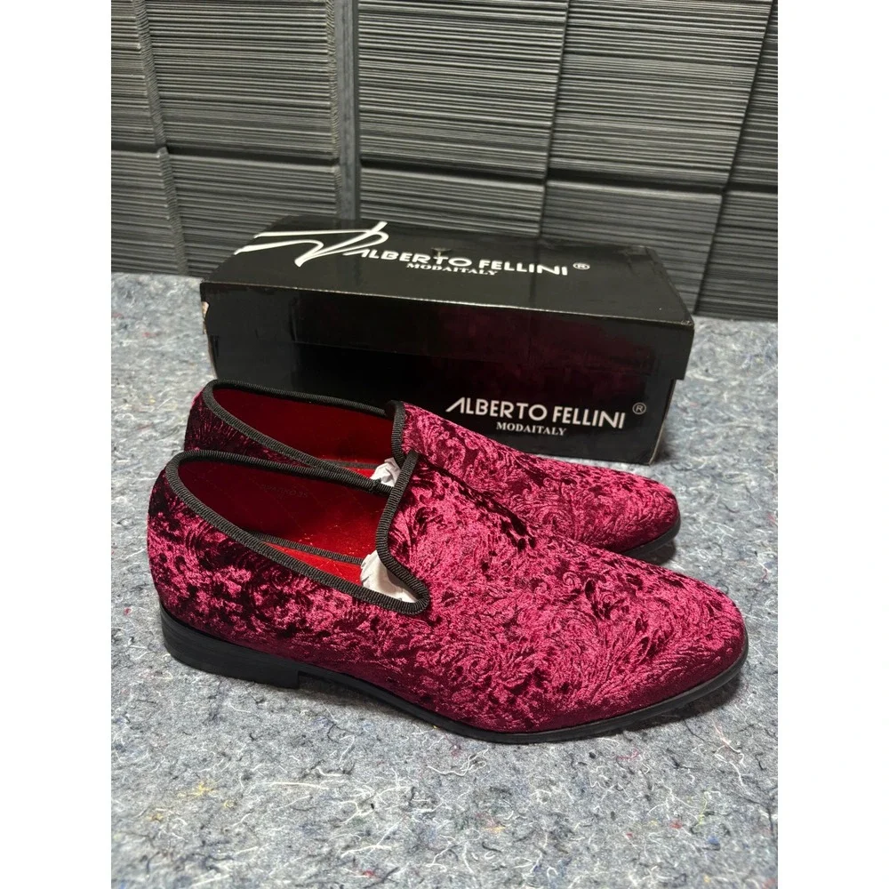Alberto‎ Fellini Burgundy Velvet Loafers Mens Dress Smoking Shoes Size 10 New